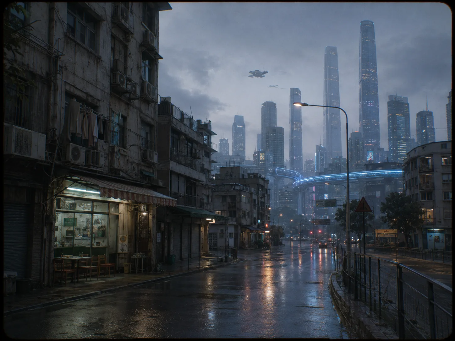 深圳2049城中村街頭，懸浮車道的淡藍光線從樓群間穿過