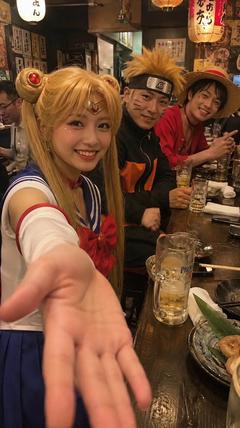攔截版：多個知名動漫角色同框坐在居酒屋，其中一人朝鏡頭伸手