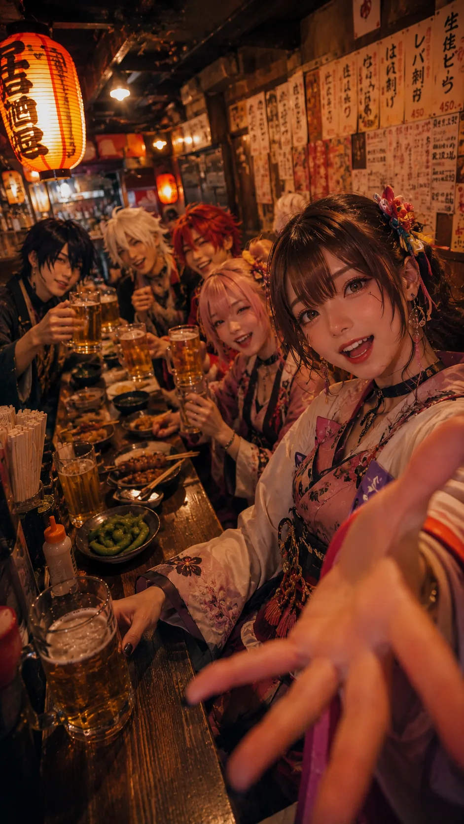過審版：鮮豔原創動漫風角色在居酒屋舉杯，最近的一人朝鏡頭伸手