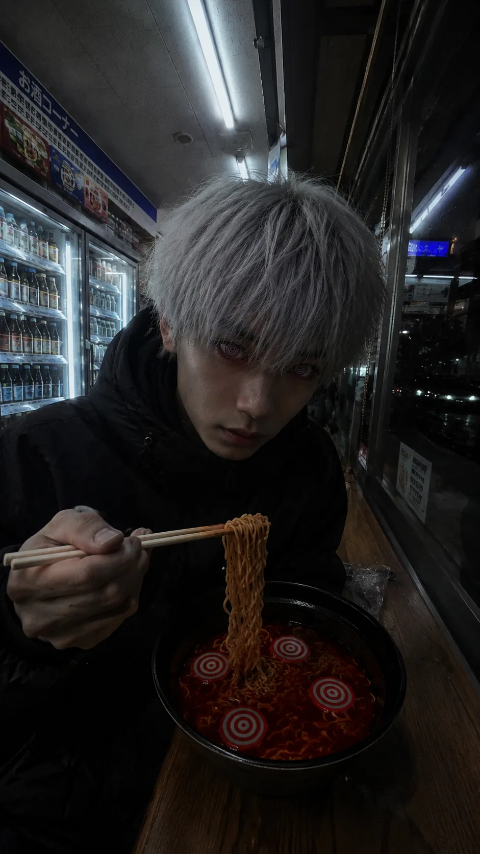 重生過審版：穿普通夾克的男子吃拉麵，碗中漂著紅色同心漩渦眼