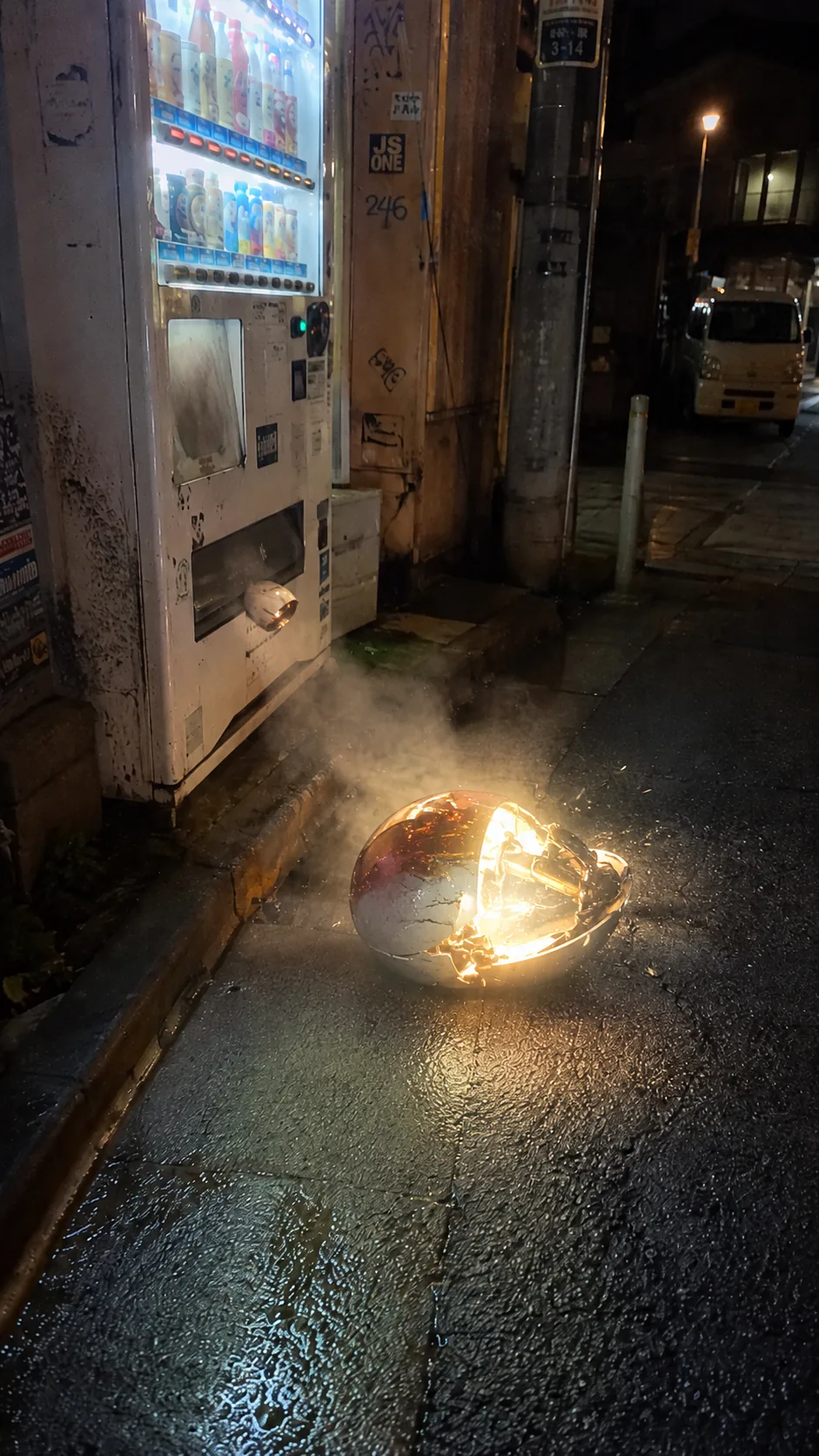 潮濕街角的老舊自動販賣機，地上一顆發光膨脹的膠囊照亮濕地面