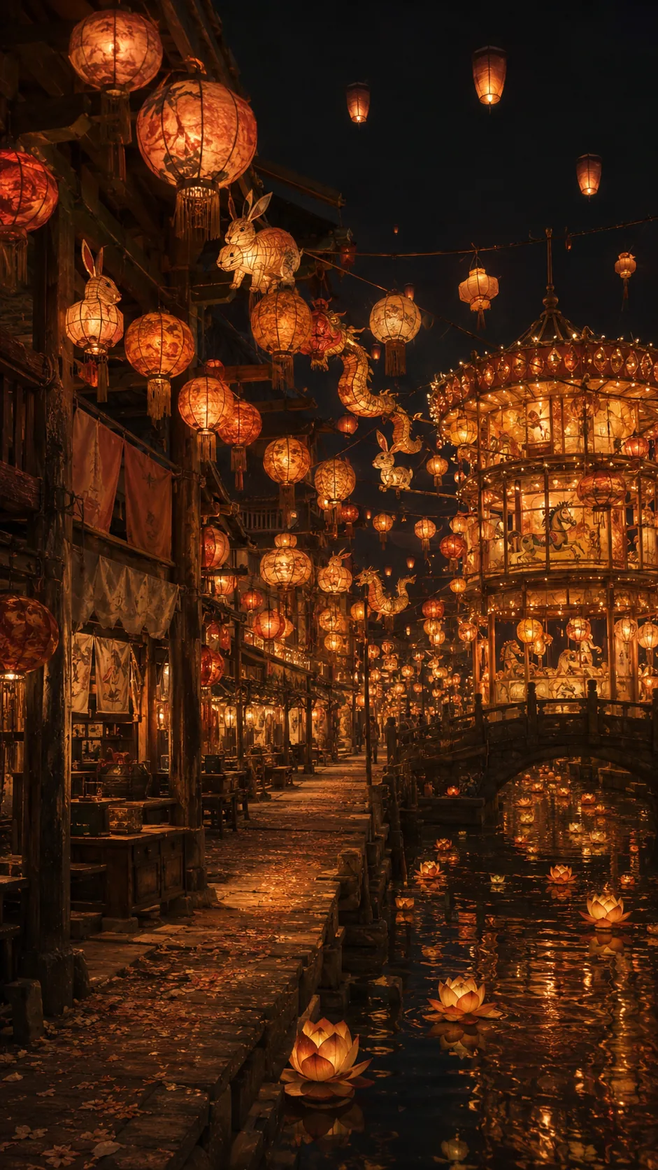 北宋汴京元宵夜，整條街掛滿暖黃花燈，巨型走馬燈旋轉