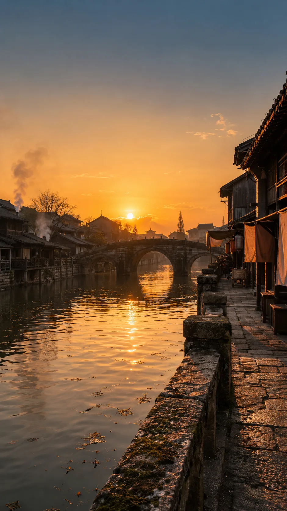 宋代城鎮河岸黃昏，河面映著金色夕陽，石拱橋剪影與兩岸炊煙