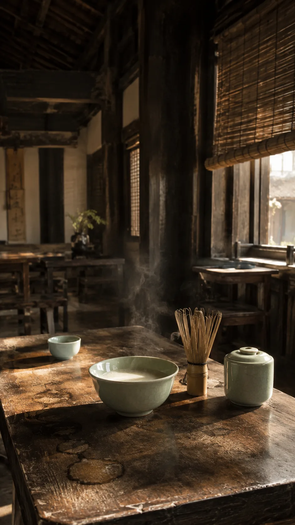 宋代茶肆內部，木桌上青瓷茶碗與竹茶筅，窗光帶方向、灰塵在光柱中飄浮